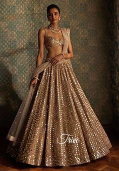 Made to Order/Measurement/Custom Order Lehenga - Color : Golden - Fabric : Embroidered Net - Fully flared paneled lehenga - Embroidered  Blouse -  Net Dupatta with Gold Border - Drawstring closure with Tassels - - It can be customize in any design or size  PLEASE NOTE: BUYERS ARE RESPONSIBLE FOR ANY CUSTOMS AND IMPORT TAXES THAT MAY APPLY. This is a made to order product. If you opt for 'Made To Measurement Option', we will provide a measurement template and you can share the measurements likewi Shimmer Indian Outfits, Lehenga Designs Mirror Work, Blouse Lehnga Designs, Sangeet Lehenga Blouse Design, Lehenga For Wedding Party, Mirror Work Indian Outfit, Beige Lehenga Bridal, Mirror Lehenga Designs, Engagement Lehenga Indian Bride