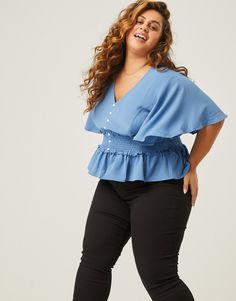 Curve Crepe Peplum Blouse Plus Size Tops Blue 1XL -2020AVE Flowy Smocked Bodice Top With Flutter Sleeves, Flowy Smocked Bodice Top With Short Sleeves, Flowy Short Sleeve Blouse With Smocked Bodice, Casual Smock Tops With Ruffle Sleeves, Blue Short Sleeve Tops With Elastic Waistband, Chic Smock Tops In Solid Color, Chic Blue Smock Top, Casual Short Sleeve Peplum Top With Smocked Bodice, Simple Top