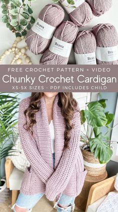 the chunky crochet cardigan pattern is shown in pink