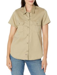 PRICES MAY VARY. Original fit Button front Front darts for feminine fit Back yoke for ease of movement Dual front patch pockets with button closure; Easy care stain release Moisture wicking; Dickies logo at center placket; 5.25 oz. Twill, 65% Recycled Polyester/35% Cotton Dickies Women, Safety Clothing, Fit Back, Uniform Fashion, Work Shirt, Scrub Tops, Work Shirts, Work Pants, Color Khaki