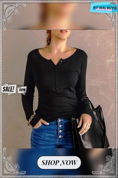 Button Fashion Long Sleeve Pullover Casual T-shirt Women's Top Henley Neckline T-shirt With Buttons For Spring, Spring Henley Neckline Top With Buttons, Henley Neckline Button T-shirt For Spring, Henley Neckline Buttoned T-shirt For Spring, Casual Solid Henley With Buttons, Black Henley Neckline Top With Buttons, Everyday Crew Neck Top With Button Closure, Trendy Long Sleeve Tops With Snap Buttons, Black Henley Neckline Top For Fall