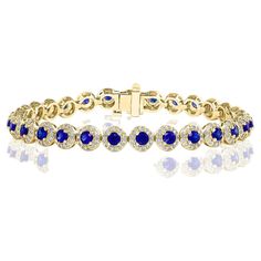 Add color to your style with this gorgeous Blue Sapphire bracelet. Features 29 Round cut blue sapphires surrounded by a single row of sparkling 377 round diamonds in a halo setting. Sapphires and diamonds weigh 4.67 carats and 1.57 carats total respectively. Made in 14-karat yellow gold. All diamonds are GH color SI1 Clarity. Available in Ruby and Emerald as well. Style is available in different price ranges. Prices are based on your selection. Don't hesitate to get in touch with us for more information. Luxury Yellow Gold Sapphire Diamond Bracelet, Blue Sapphire Bracelet, Bracelet Tennis, Halo Setting, Sapphire Bracelet, Tennis Bracelet Diamond, Sapphire Diamond, Tennis Bracelet, Blue Sapphire