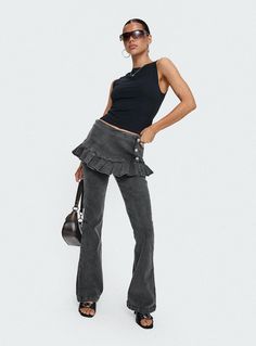 Layered pants Washed black denim, hook & invisible zip fastening at side, flared hem, mid-rise pants, Mini skirt, button fastening, pleated hem Non-stretch material, unlined 98% cotton 2% elastane Wipe down outer garment with damp cloth Fitted Flare Pants With Frayed Hem, Stretch Flare Pants With Frayed Hem, Cotton Bottoms With Frayed And Flared Hem, Chic Stretch Flares With Frayed Hem, Trendy Cotton Bottoms With Flared Hem, Fitted Washed Black Bottoms With Frayed Hem, Chic High Waist Flare Jeans In Washed Black, Fitted Flare Bottoms With Frayed Hem, Chic Cotton Flares With Flared Hem