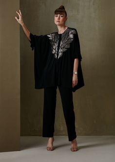 Namrata Joshipura-Black Metallic Leaves Kaftan And Pant-INDIASPOPUP.COM Luxury Embellished Pant Set For Party Wear, Luxury Formal Pants With Resham Embroidery, Luxury Fitted Pants For Diwali, Luxury Black Palazzo Set For Women, Luxury Traditional Black Pants, Luxury Women's Party Wear Pant Set, Luxury Black Traditional Pants, Motif Jersey, Kaftan Sleeves