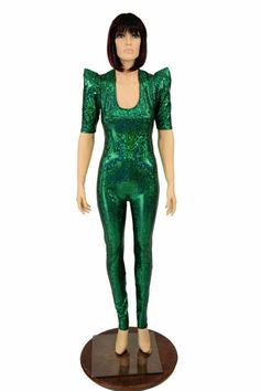 Green Shattered Glass Sharp Shoulder Half Sleeve Holographic Catsuit Bodysuit Sparkly Onsie - 155530 Catsuit Bodysuit, Shattered Glass, Olive Branch, Fancy Outfits, Catsuit, Half Sleeve, Costume Ideas, Scoop Neckline, Half Sleeves