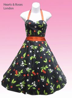 H&R London Black and Red Cherry Halter Swing Dress Vintage Cherry Print Dresses For Spring, Retro Sleeveless Cherry Print Dresses, Sleeveless Cherry Print Party Dress, Retro Fitted Cherry Print Dresses, Summer Party Dresses With Cherry Print, Spring Fitted Cherry Print Dress, Red Retro Dress For Spring, Fitted Cherry Print Spring Dress, Retro Red Dress For Spring