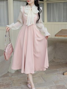 This Victorian Lolita Pink Dress is made from high-quality cotton blend fabric, perfect for all occasions. It features a classic design with a high neckline, full length sleeves, and intricately detailed lace trim. Perfect for showcasing your sense of style and charm! Vintage Fairy Dress, Fairy Dress Women, Midi Gowns, Party Midi Dress, Vintage Fairy, Lace Vintage, Korean Fashion Dress, Korean Dress, Vestidos Vintage