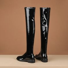 Black Round Toe Flat Boots Comfortable Patent Leather Thigh High Boots Flats | Up2Step Thigh High Boots Flat, Boots Comfortable, Leather Thigh High Boots, Black Knee High Boots, Travel Work, Black Knees, Round Toe Heels, Flat Boots, Shoe Size Chart