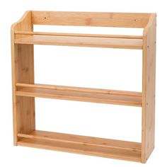 a wooden shelf with three shelves on each side