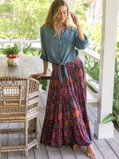 Hanna Convertible Maxi Skirt - Black Printed Folk Circles-view 1 Maxi Navy Skirt Outfit, Natural Life Skirt, Convertable Clothing Fashion, Natural Fibre Clothing, Patterned Maxi Skirt, Poses In Long Skirt, Mid Size Skirt Outfit, Long Skirt Outfits For Fall, Boho Teacher Outfit