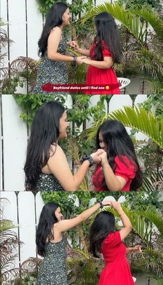 a woman in a red and black dress touching another woman's hair with her hands