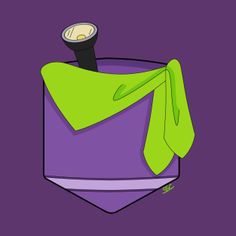 a purple and green object with a tie on it's head, in the shape of a pocket