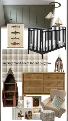 a baby's room with furniture and pictures on the wall, including a crib