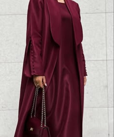 Soft satin crimson coat style red Abaya with classical cut design with elegant buttons Perfect choice for daily outings or family gatherings.FREE HIJAB INCLUDED Elegant Abayas, Abaya Designs Latest, Abaya Design, Pakistani Party Wear, Coat Style, Abaya Designs, Arab Fashion, Ballroom Dress