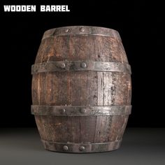 an old wooden barrel with metal rivets is shown in this image, it appears to be used as a propaner