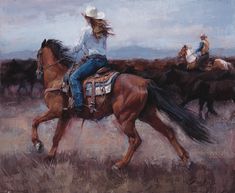 a painting of two cowboys riding horses in the wild with other cowboys on horseback behind them