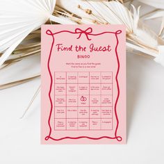 a pink game card with the words find the guest on it next to some palm leaves