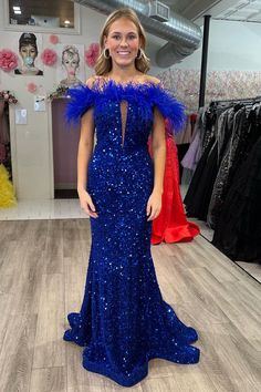 Capture all eyes in this ravishing off-the-shoulder royal blue dress! Adorned with dazzling sequins and soft feathers, it also has a keyhole cutout for a bit of drama and is finished off with a stunning mermaid-style silhouette. Dare to sparkle!

SKU: MD0509
Sequins Fabric
Floor Length
Size: US 0-26 W. Check our Size Chart to get your correct size. 
Recommend custom size for plus size.
Free custom size service is available. Email your exact measurements once order is placed. 
Fully lined & Built with bra
Processing time: 10-15 business days. 
If you want to speed up your dress processing time, please put in the link of rush order fee into your shopping cart to check out with the item you want. And email us the date when you need it once the order is placed.

Feel free to contact our custom Blue Feather Trim Dress For Night Out, Blue Feather Evening Dress, Blue Feathered Evening Dress, Wedding Dress Petticoat, Sequins Fabric, Royal Blue Dress, Evening Dresses Cocktail, Mermaid Style, Mothers Dresses