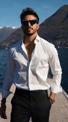 Hot Formal Outfits Men, Men’s Reception Outfit, Poses For Formal Wear, Formals Aesthetic Men, Man Sunglasses Aesthetic, Dinner Attire Men, Elegant Mens Outfits, White Formal Outfit For Men, White Shirt Men Aesthetic