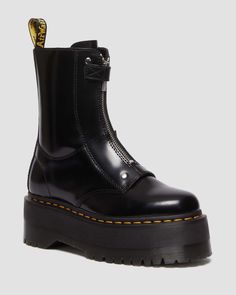 Jetta Hi Max Leather Platform Boots in Black | Dr. Martens Leather Platform Boots, How To Clean Suede, Black Dr Martens, Yellow Heels, Black Platform Boots, Black And Yellow, Goodyear Welt, Chelsea Boot, Shiny Silver