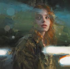 a painting of a woman with red hair and blue eyes looking into the distance while standing in front of a car