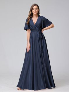 A-Line V-Neck Half Sleeves Long Silk Satin Bridesmaid Dresses With Ruf-Lavetir Grooms Mom Dress, Light Royal Blue, Dresses With Ruffles, Blue Gold Wedding, Royal Blue Bridesmaid Dresses, Party Dresses Online, Royal Blue Dress, Satin Bridesmaid Dresses, Blue Bridesmaid Dresses