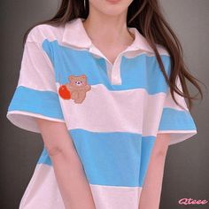 Qteee - Embroidered Lapel T-Shirt featuring Stylish Striped Cartoon Bear Design Patchwork Cotton Tops For College, Casual Embroidered Tops For College, Cotton Polo Collar T-shirt For College, Casual White Patchwork T-shirt, Casual Patchwork Tops For College, Casual Patchwork Short Sleeve T-shirt, Casual Short Sleeve Patchwork T-shirt, Casual White Polo Shirt For College, Cute White Patchwork Top