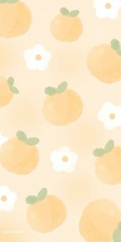 an orange and white flower pattern on a peach colored background with green leaves in the middle