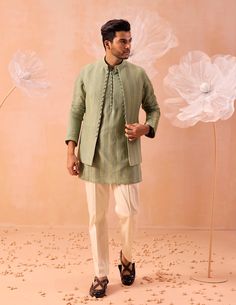 An open embroidered nehru jacket adorned with dori buttons, paired harmoniously with a tonal kurta and white pants ensemble. White Pant, Modern Mens Fashion, Indian Men Fashion, Vacuum Storage, Nehru Jacket, Open Jacket, Indian Wedding Wear, Indian Groom, Indian Man