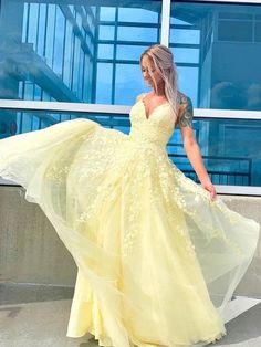 A Line V Neck Tulle Yellow Lace Long Prom Dresses, V Neck Yellow Lace Formal Dresses, Yellow Lace Evening Dresses Formal Dresses Yellow, Prom Dresses V Neck, Burgundy Wedding Colors, Dresses Yellow, Dresses V Neck, Prom Dresses Yellow, Lace Formal Dress, Blue Tulle, Long Prom Dresses