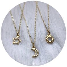 Dainty Gold Sun Moon or Star necklace friendship best Trio Necklace Bff, Friendship Best Friends, Star Necklaces, Necklace Friendship, Lucky Charm Bracelet, Bff Jewelry, Bff Necklaces, Hamsa Necklace, Best Friend Necklaces