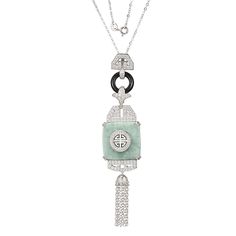 Jade of Yesteryear Green Jade and CZ Longevity Tassel Pendant w/Chain Designed with the Chinese symbol for "Longevity," this pendant offers a timeless statement in strength and style.       Pendant approx. 4-1/16"L x 7/8"W     Chain approx. 18"L     Stamped .925 sterling silver; rhodium plating     Cable chain with spring-ring clasp   Stone Information       All sizes and weights approximate     Green Jade - Square (22.25x4mm)     Charcoal Jade - Geometric (4x8x3mm)     Cubic Zirconia - Round; 3 Jade Jewelry Design, Chinese Jewelry, Amazonite Stone, Chinese Symbols, Jade Jewelry, Jade Pendant, Green Jade, Pendant Design, Jade Green