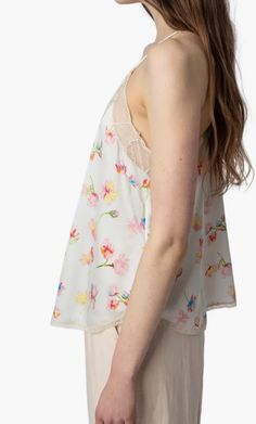 CHRISTY CAMI | WWCR00204 , WWCR00247, WWCR01257 - Zadig&Voltaire women's silk camisole - Embossed silk jacquard - Lace trim - Thin straps Model is 177/5' 9" cm and is wearing a size S 100% SILK The signature Christy camisole is one of the brand’s must-haves and can be worn under a blazer or on its own for a chic, bohemian look. Adorned with delicate contrasting lace, and featuring the jacquard this season. Chic Bohemian, Jumpsuit Skirt, Silk Camisole, Bohemian Look, Shopping Event, Blazer Dress, Sweater Skirt, Outerwear Jackets, Denim Dress