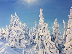 a painting of snow covered trees with the sun shining in the sky over them and blue skies