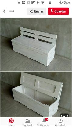 two pictures of a bench made out of pallet wood, one is white and the other is light brown