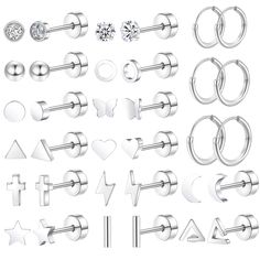 a set of different types of earrings and piercings on a white background with clipping for text