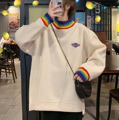 BREAKS Embroidery Rainbow Stripe Knit Sweater Baggy Clothes Colorful, Embroidery Rainbow, Drawing Outfits, Stripe Knit Sweater, Teenage Clothes, Harajuku Clothes, Egirl Outfits, Beige Outfit, Rainbow Aesthetic