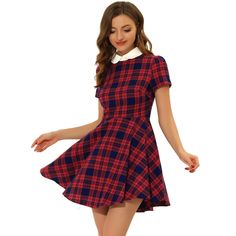 This dress is the perfect way to dress for every occasion! Featuring a Peter Pan-inspired contrast collar, a plaid print graphic, and short puff sleeves. A contrast doll collar adds sweet cuteness to this plaid dress. A contrasting Peter Pan collar adds a touch of classic preppy style to this plaid dress. This preppy style with normal sleeves is the perfect look for every occasion! Soft fabric ensures all-day comfort. It's the perfect choice for weekends, vacations, and everyday wear. Add a litt Short Sleeve Plaid Dress For Fall, Fall Plaid Dress With Short Sleeves, Preppy Plaid Short Sleeve Dress, Retro Short Sleeve Plaid Dress, Red Fitted Plaid Dress With Short Sleeves, Fitted Red Plaid Dress With Short Sleeves, Retro Mini Length Plaid Dress, Retro Short Sleeve Plaid Gingham Dress, Plaid Short Sleeve Dress For School