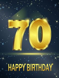 the seventyth birthday greeting card features sparkling gold numbers and stars on a dark blue background