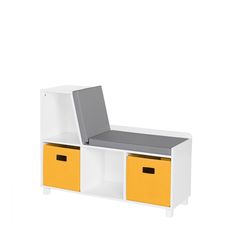 a white bench with yellow drawers and a gray seat cushion on it's side