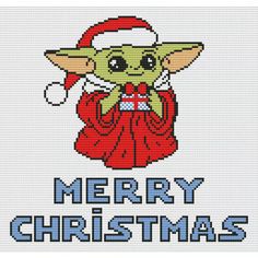 a cross stitch christmas card with an image of a baby yoda