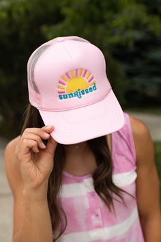 Pink Sunkissed Foam Trucker Hat Mesh Netting, Embroidered Design, Casual Style, Trucker Hat, Link In Bio, Mesh, Boutique, Hats, Pink