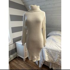 Great Condition Turtle Neck Sweater Never Worn Size Small Cozy Fitted Sweater Dress For Spring, Cream Fitted Cozy Sweater Dress, Fitted Cozy Cream Sweater Dress, Cozy Fitted Cream Sweater Dress, Fitted Cream Sweater Dress, Chic Winter Sweater Dress For Brunch, Cozy Fitted White Sweater Dress, Winter Sweater Dress For Brunch, Casual Winter Sweater Dress For Brunch