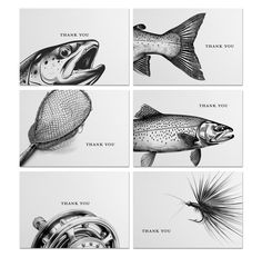 four cards with different types of fish and fishing related items in black and white ink