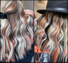 Halloween Hair Extensions, Black And Orange Highlights, Blonde Hair Orange Underneath, Blonde Hair With Vivid Highlights, Halloween Highlights Hair, Black Orange Blonde Hair, Gray And Orange Hair, Vibrant Peekaboo Hair, Halloween Peekaboo Hair