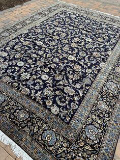 This is an exceptional quality vintage handmade oriental rug in mint condition. The traditional floral and vine allover design is a timeless classic and so versatile. This rug was hand-knotted with the finest quality wool made from the softest parts of the lamb, a high knot count or KPSI (knots per square inch) for precise and fine details and superb craftsmanship.  The midnight blue backdrop is host to elegant floral sprays and bouquets in exquisite detail with accent colors of sky blue, steel Navy Persian Rug Bedroom, Navy Vintage Rug, Persian Rug Navy, Dark Old Rugs Blue, Blue Arabian Rug, Allover Design, Blue Backdrop, Dining Room Office, The Lamb