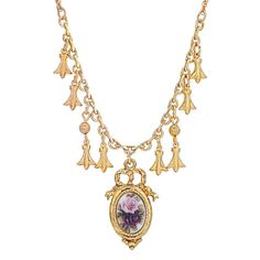 Featuring an oval pendant with pink and purple flowers on an ivory colored background and framework, this Manor House Necklace from 1928 is an elegant addition to any jewelry collection. Featuring an oval pendant with pink and purple flowers on an ivory colored background and framework, this Manor House Necklace from 1928 is an elegant addition to any jewelry collection. Metal: alloy Length: 16 in. with 3-in. extender Plating: gold tone Finish: polished Clasp: lobster claw Material: acrylic Pend House Necklace, The Manor House, 1928 Jewelry, Pink And Purple Flowers, Colored Background, Rose Pendant, Gold Dipped, Necklace Online, Oval Pendant