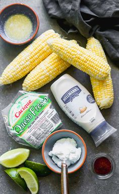 ingredients needed to make corn on the cob with butter, sour cream, mayonnaise and lime