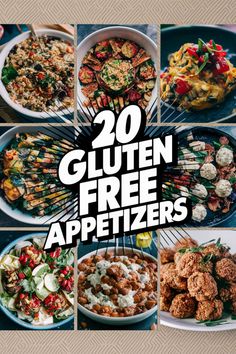 20 gluten-free appetizers displayed in a colorful collage, featuring various dishes with vibrant ingredients. Easy Party Food Gluten Free, Gluten Free Finger Food Appetizers, Progressive Appetizer Party, Easy Gluten Free Finger Foods, Gf Appetizers For Party, Finger Food Gluten Free, Easy Gluten Free Potluck Ideas, Fall Appetizers Gluten Free, Best Gluten Free Appetizers