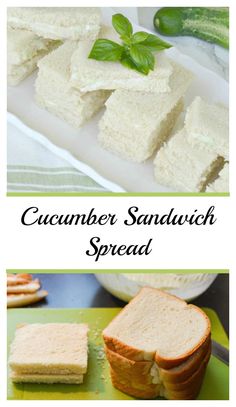 cucumber sandwich bread is cut in half and placed on a green cutting board